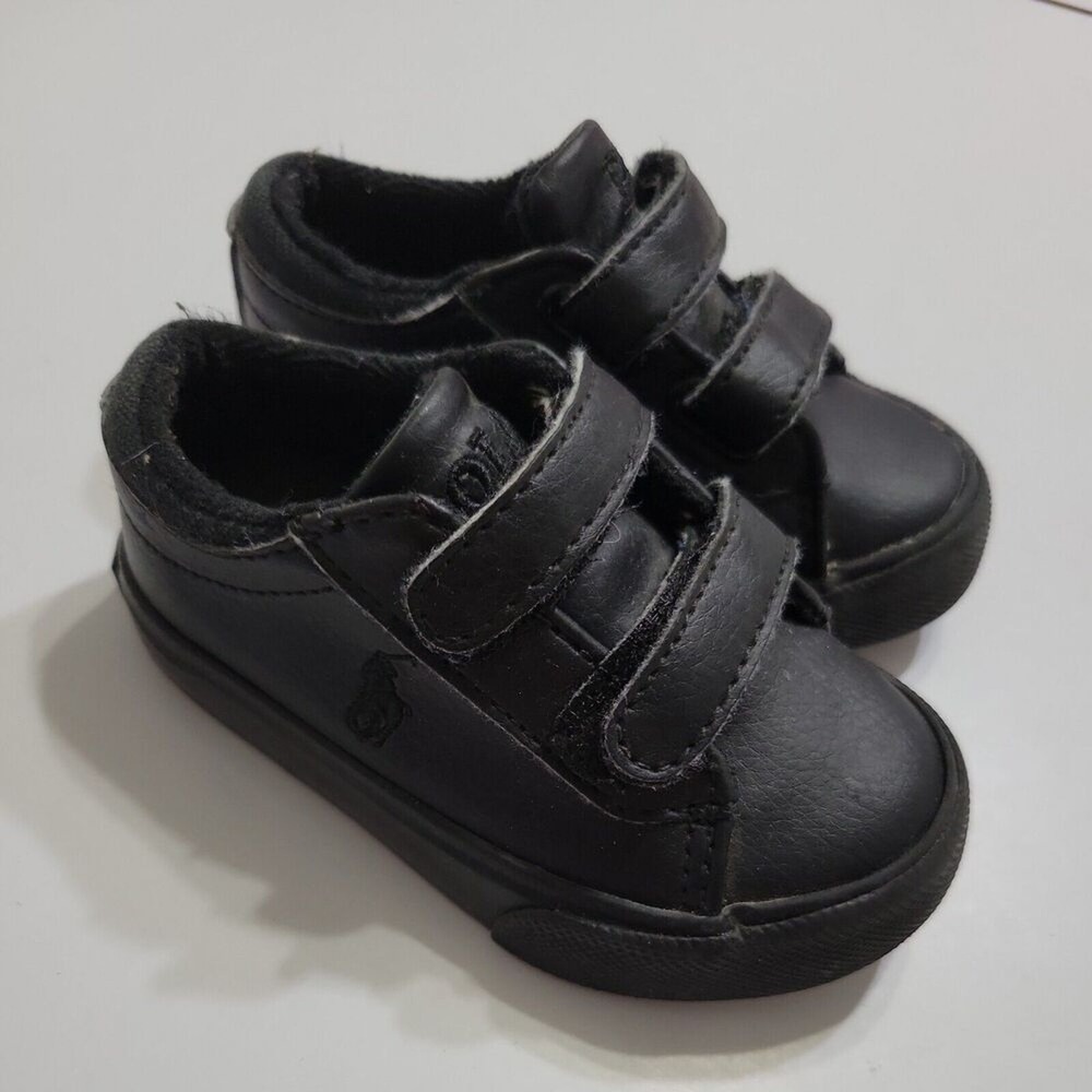 Polo RL Shoe Boy 5 Casual Vegan Leather Sneaker Embroider Black Adjustable Strap